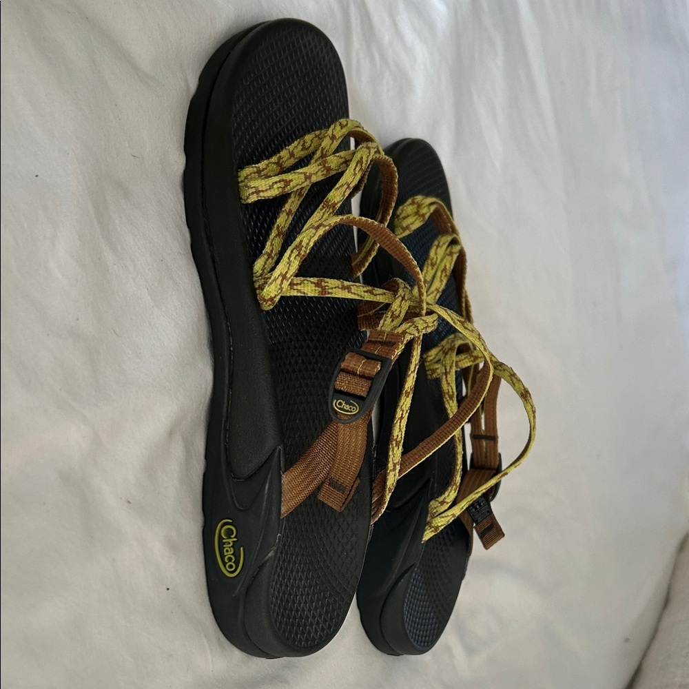 Chaco Black and Brown Sandals with Yellow Straps
